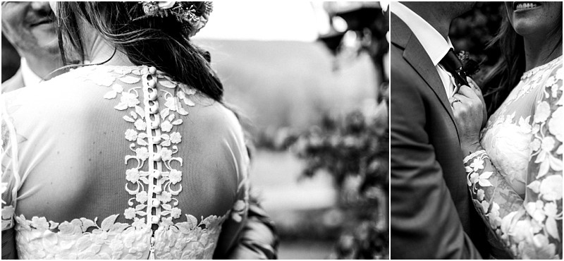 Premier Snohomish & Seattle Wedding Photographer | GSquared Weddings Photography A black and white photo collage captures intimate moments and small gestures of a couple on their Snohomish Seattle wedding day, focusing on the bride’s lace dress with floral details and the groom in a suit. 47.9129° N, 122.0982° W | Serving Snohomish, Seattle , Orlando & Beyond