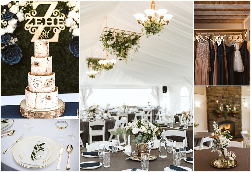 Premier Snohomish & Seattle Wedding Photographer | GSquared Weddings Photography A collage of rustic Snohomish wedding details: a birch-style cake, floral chandelier, set dinner tables with greenery, elegant table settings, a floral centerpiece, and several dresses hanging on a wooden rack. Perfect Seattle engagement inspiration. 47.9129° N, 122.0982° W | Serving Snohomish, Seattle , Orlando & Beyond