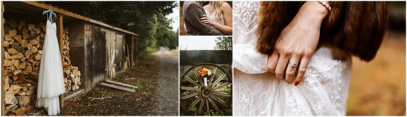Premier Snohomish & Seattle Wedding Photographer | GSquared Weddings Photography Collage: Bridal dress hangs near stacked firewood; couple embracing; bouquet on a wagon wheel; close-up of a bride’s hand with engagement ring and lace dress, holding a fur stole—capturing a rustic Snohomish Seattle wedding engagement outdoors. 47.9129° N, 122.0982° W | Serving Snohomish, Seattle , Orlando & Beyond