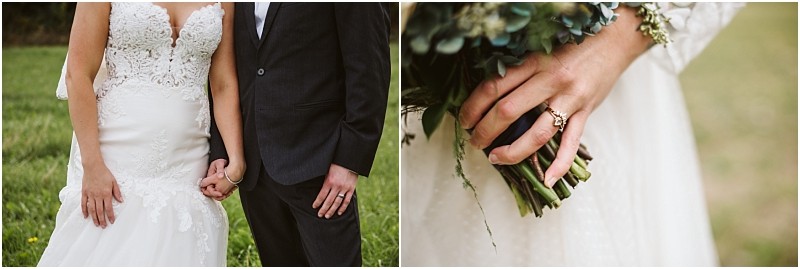 Premier Snohomish & Seattle Wedding Photographer | GSquared Weddings Photography Side-by-side photos: on the left, a Snohomish Seattle wedding couple holding hands outdoors, both wearing rings; on the right, a close-up of the bride’s hand holding a bouquet, showcasing her engagement and wedding rings. 47.9129° N, 122.0982° W | Serving Snohomish, Seattle , Orlando & Beyond