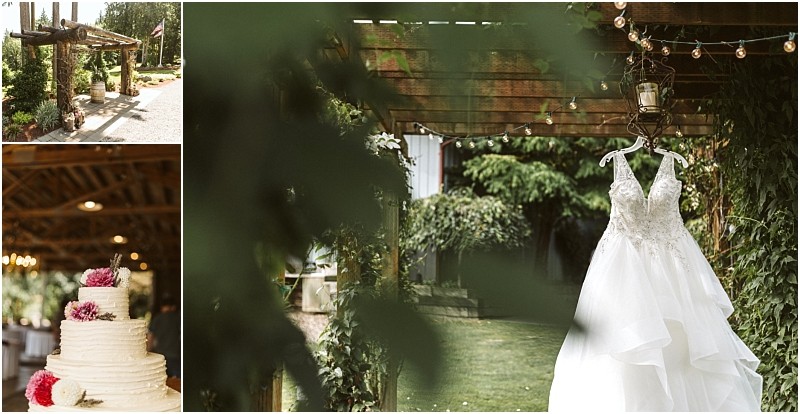 Premier Snohomish & Seattle Wedding Photographer | GSquared Weddings Photography Collage featuring a rustic Snohomish outdoor wedding setting, a white wedding dress beneath a wooden pergola, a two-tiered cake with pink flowers, and a pergola entrance surrounded by greenery—perfect for Seattle wedding engagement inspiration. 47.9129° N, 122.0982° W | Serving Snohomish, Seattle , Orlando & Beyond