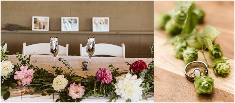 Premier Snohomish & Seattle Wedding Photographer | GSquared Weddings Photography A Snohomish wedding table decorated with pink and white flowers, greenery, and two champagne flutes, alongside a close-up of wedding rings nestled among green buds—a perfect Seattle engagement setting. 47.9129° N, 122.0982° W | Serving Snohomish, Seattle , Orlando & Beyond