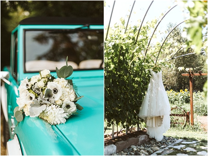 Premier Snohomish & Seattle Wedding Photographer | GSquared Weddings Photography A white bridal bouquet rests on a vintage turquoise car; beside it, a white wedding dress hangs outdoors on a vine-covered arch in a sunny Snohomish garden, perfect for a Seattle wedding or engagement. 47.9129° N, 122.0982° W | Serving Snohomish, Seattle , Orlando & Beyond