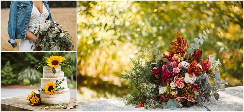 Premier Snohomish & Seattle Wedding Photographer | GSquared Weddings Photography A collage captures a Snohomish Seattle wedding: a bride in a jean jacket with her bouquet, a rustic cake topped with sunflowers, and a vibrant autumn bouquet of roses, berries, sunflowers, and greenery on stone. 47.9129° N, 122.0982° W | Serving Snohomish, Seattle , Orlando & Beyond