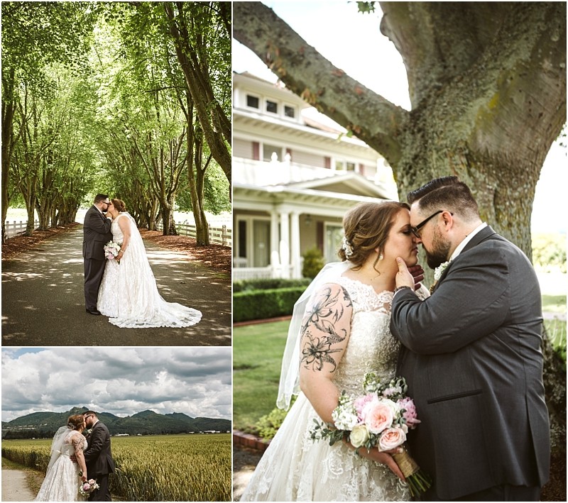 Premier Snohomish & Seattle Wedding Photographer | GSquared Weddings Photography A collage of Snohomish wedding photos features a bride and groom embracing under leafy trees, touching foreheads beside a tree, and sharing a kiss in a field. The bride holds a bouquet; both look joyful and in love. 47.9129° N, 122.0982° W | Serving Snohomish, Seattle , Orlando & Beyond