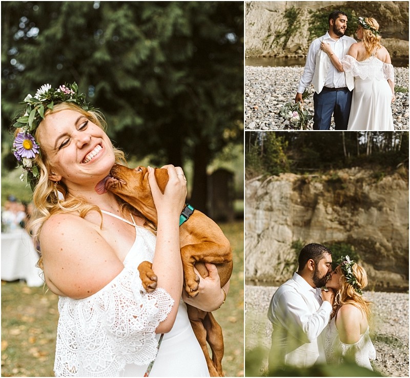 Premier Snohomish & Seattle Wedding Photographer | GSquared Weddings Photography A bride in a white dress and flower crown laughs as she holds and is licked by a dog. Next to her, two photos show her and the groom embracing and sharing a kiss by rocky cliffs and trees at their Snohomish Seattle wedding. 47.9129° N, 122.0982° W | Serving Snohomish, Seattle , Orlando & Beyond