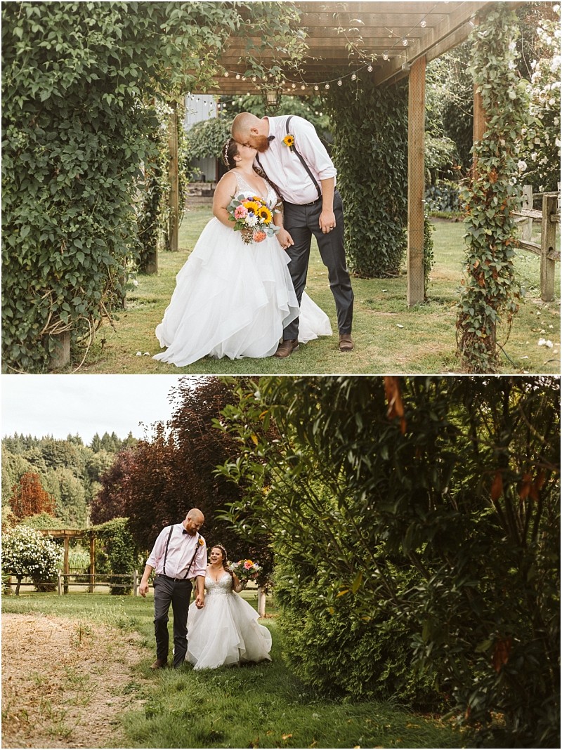 Premier Snohomish & Seattle Wedding Photographer | GSquared Weddings Photography Two wedding photos: Top—A groom kisses his bride’s forehead under a vine-covered pergola at their Snohomish Seattle wedding; she holds a bouquet and smiles. Bottom—The couple walks hand-in-hand outside, surrounded by lush greenery. 47.9129° N, 122.0982° W | Serving Snohomish, Seattle , Orlando & Beyond