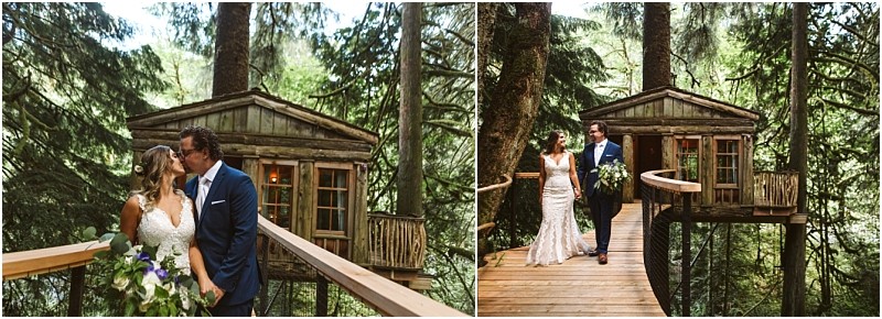 Premier Snohomish & Seattle Wedding Photographer | GSquared Weddings Photography A bride and groom stand and kiss on a wooden walkway in front of a rustic treehouse, surrounded by tall trees and lush greenery—a perfect Snohomish Seattle wedding moment. 47.9129° N, 122.0982° W | Serving Snohomish, Seattle , Orlando & Beyond