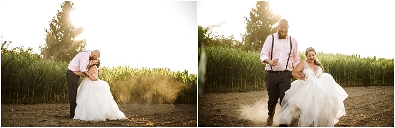 Premier Snohomish & Seattle Wedding Photographer | GSquared Weddings Photography Two wedding photos: On the left, a groom dips and kisses his bride on a dirt path at sunset; on the right, they laugh and walk together with sunlight glowing behind them—capturing the joy of a Snohomish Seattle Wedding Engagement. 47.9129° N, 122.0982° W | Serving Snohomish, Seattle , Orlando & Beyond