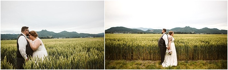 Premier Snohomish & Seattle Wedding Photographer | GSquared Weddings Photography A bride and groom share a quiet, intimate moment in a green wheat field near Snohomish, with mountains in the background and a cloudy sky overhead—a perfect Seattle wedding engagement scene. 47.9129° N, 122.0982° W | Serving Snohomish, Seattle , Orlando & Beyond
