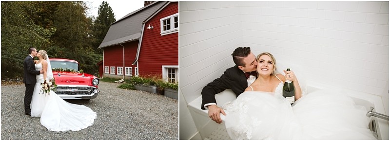 Premier Snohomish & Seattle Wedding Photographer | GSquared Weddings Photography A bride and groom pose by a vintage red car near a Snohomish red barn, then sit together in a white bathtub; the bride holds a champagne bottle, smiling as the groom hugs and kisses her cheek during their Seattle wedding engagement. 47.9129° N, 122.0982° W | Serving Snohomish, Seattle , Orlando & Beyond