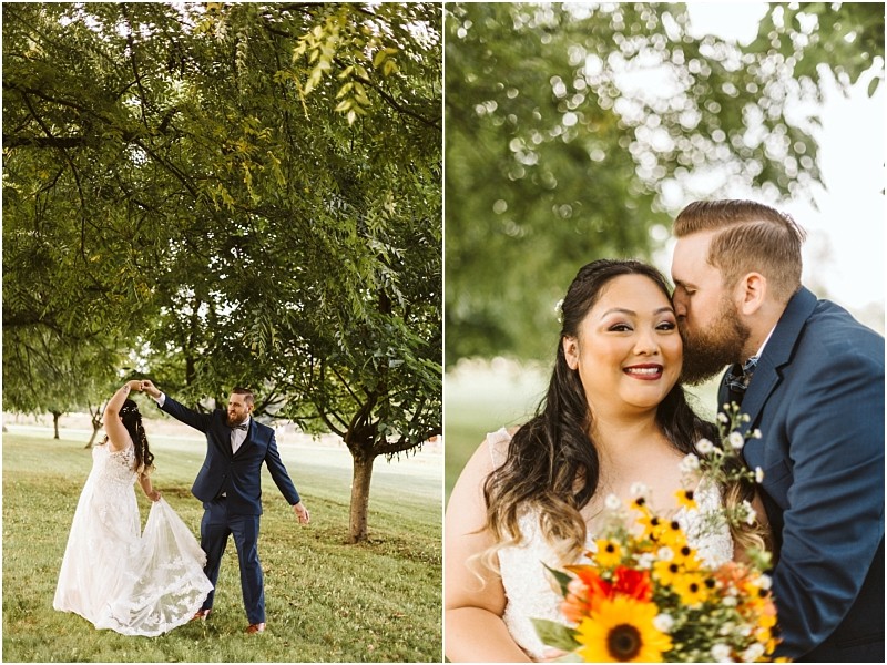 Premier Snohomish & Seattle Wedding Photographer | GSquared Weddings Photography A bride and groom pose outdoors under green trees at their Snohomish wedding; in one photo, they twirl together, and in the other, the groom kisses the bride’s forehead as she smiles, holding a bouquet with sunflowers. 47.9129° N, 122.0982° W | Serving Snohomish, Seattle , Orlando & Beyond