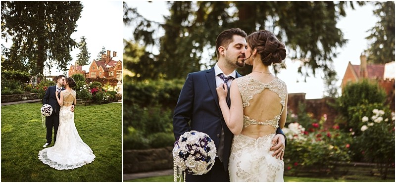 Premier Snohomish & Seattle Wedding Photographer | GSquared Weddings Photography A bride and groom stand together in a lush Snohomish garden. The bride wears a lace-back gown and holds a decorative bouquet, while the groom wears a dark suit. Trees and historic brick buildings set the scene for this romantic Seattle wedding. 47.9129° N, 122.0982° W | Serving Snohomish, Seattle , Orlando & Beyond