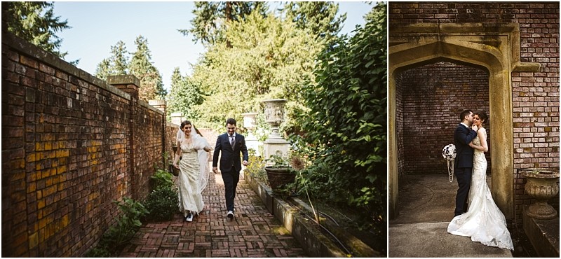 Premier Snohomish & Seattle Wedding Photographer | GSquared Weddings Photography Two wedding photos: On the left, a Snohomish bride and groom walk along a brick path in a lush garden; on the right, they embrace under a brick archway, with greenery and sunlight around them—a perfect Seattle wedding moment. 47.9129° N, 122.0982° W | Serving Snohomish, Seattle , Orlando & Beyond