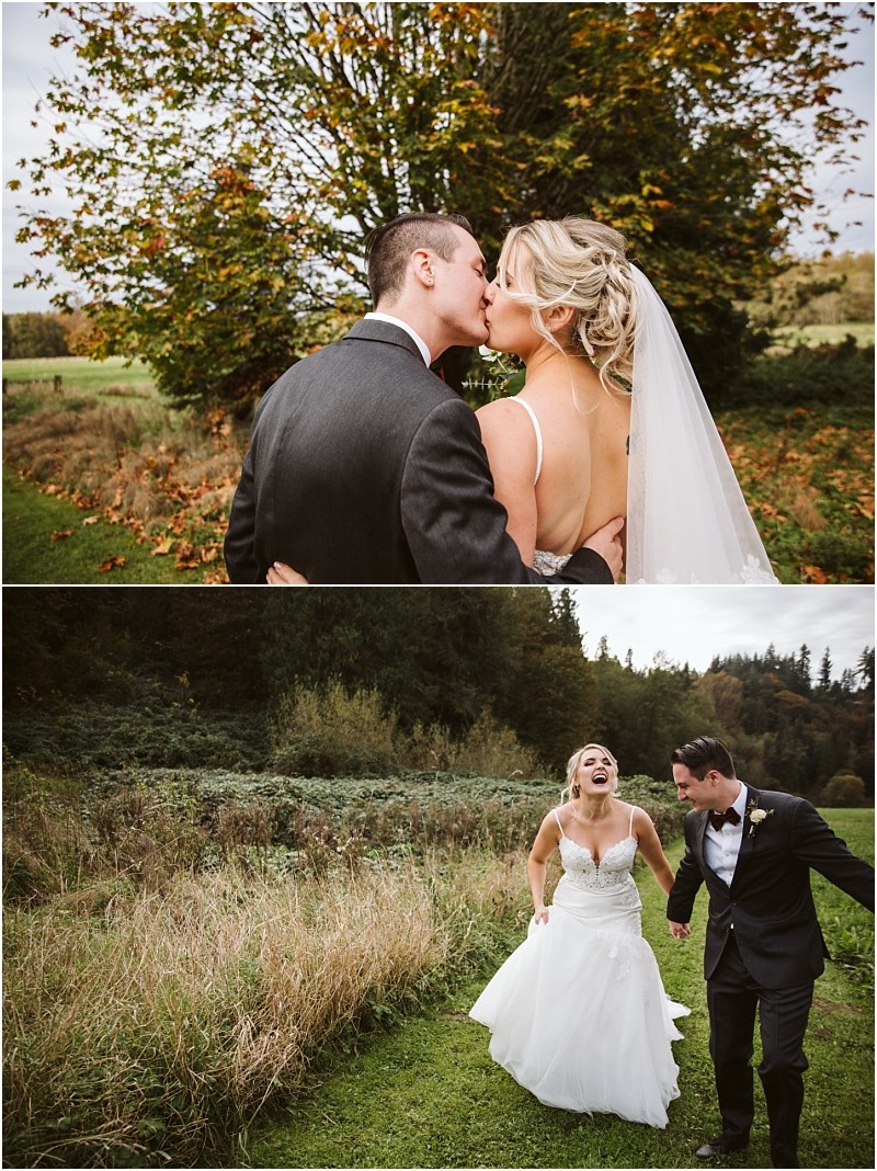 Premier Snohomish & Seattle Wedding Photographer | GSquared Weddings Photography A bride and groom share a kiss outdoors in front of autumn trees in Snohomish (top). In the second photo, they laugh and hold hands while walking through a grassy field, both looking joyful on their Seattle wedding day. 47.9129° N, 122.0982° W | Serving Snohomish, Seattle , Orlando & Beyond