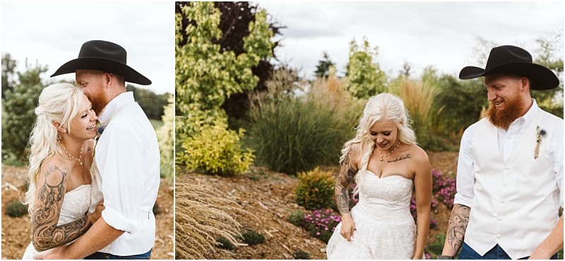 Premier Snohomish & Seattle Wedding Photographer | GSquared Weddings Photography A bride in a strapless white dress and a groom in a cowboy hat and vest smile and laugh together outdoors, surrounded by greenery and flowers during their Snohomish Seattle wedding. 47.9129° N, 122.0982° W | Serving Snohomish, Seattle , Orlando & Beyond