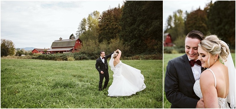 Premier Snohomish & Seattle Wedding Photographer | GSquared Weddings Photography A Snohomish bride and groom dance in a grassy field with a red barn behind them, then embrace and smile on their wedding day. Surrounded by trees under a cloudy sky, this Seattle wedding moment feels magical and intimate. 47.9129° N, 122.0982° W | Serving Snohomish, Seattle , Orlando & Beyond