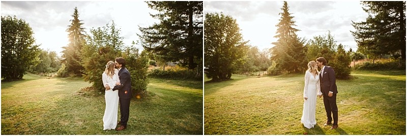 Premier Snohomish & Seattle Wedding Photographer | GSquared Weddings Photography Two wedding photos show a bride and groom standing closely outdoors on a lawn in Snohomish, surrounded by trees, with warm sunlight streaming through the branches in the background. 47.9129° N, 122.0982° W | Serving Snohomish, Seattle , Orlando & Beyond