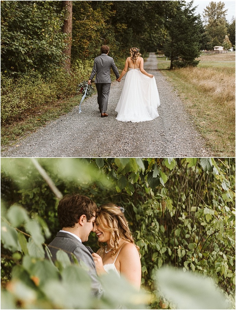 Premier Snohomish & Seattle Wedding Photographer | GSquared Weddings Photography A bride and groom walk down a gravel path surrounded by trees in the top image. In the bottom, they smile and embrace closely among green foliage. Both scenes capture a romantic Snohomish Seattle wedding in a beautiful natural setting. 47.9129° N, 122.0982° W | Serving Snohomish, Seattle , Orlando & Beyond