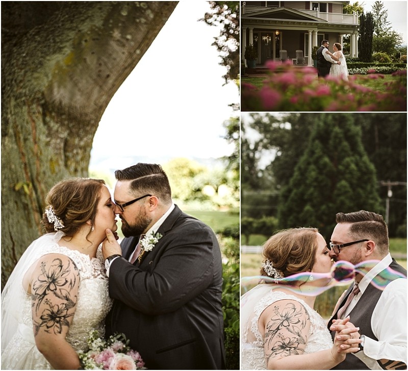 Premier Snohomish & Seattle Wedding Photographer | GSquared Weddings Photography A collage of three outdoor Snohomish wedding photos shows a bride and groom in loving embraces: kissing under a tree, standing in front of a house, and sharing a kiss while the bride’s veil billows around them. 47.9129° N, 122.0982° W | Serving Snohomish, Seattle , Orlando & Beyond