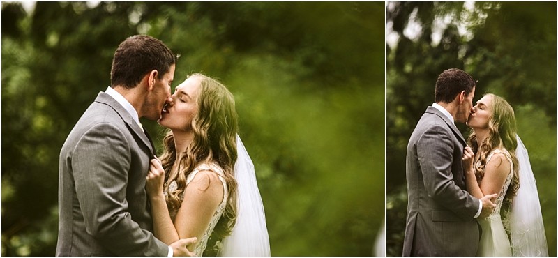 Premier Snohomish & Seattle Wedding Photographer | GSquared Weddings Photography A bride and groom share a kiss outdoors, surrounded by greenery at their Snohomish wedding. The groom wears a gray suit, the bride has long, wavy hair and a white veil. The image is split into two frames of the couple embracing. 47.9129° N, 122.0982° W | Serving Snohomish, Seattle , Orlando & Beyond