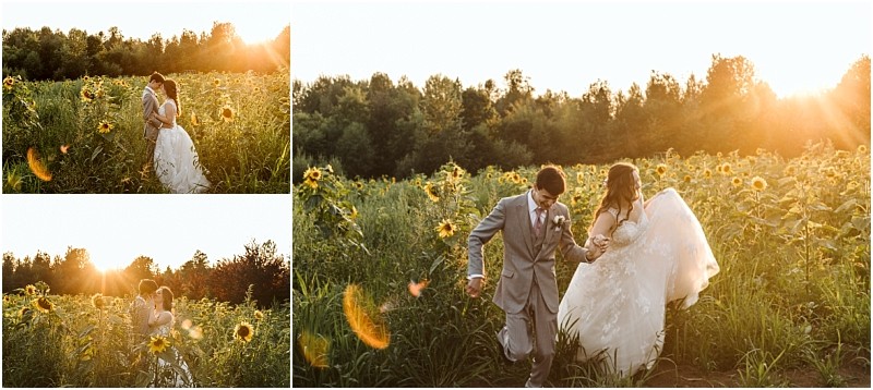 Premier Snohomish & Seattle Wedding Photographer | GSquared Weddings Photography A bride and groom walk hand in hand through a sunflower field at sunset during their Snohomish Seattle wedding, both smiling and joyful. The sunlight creates a warm, golden glow around them and the sunflowers. 47.9129° N, 122.0982° W | Serving Snohomish, Seattle , Orlando & Beyond