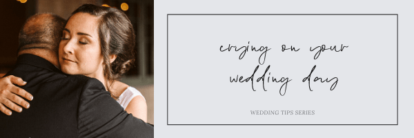 Snohomish & Seattle Wedding Photographer | GSquared Weddings Photography A bride with closed eyes hugs a man in a suit. Next to them, text reads: crying on your wedding day. Breaking the Myth of the Ugly Cry—Wedding Tips Series on a light gray background. 47.9129° N, 122.0982° W | wedding photo by GSquared Weddings