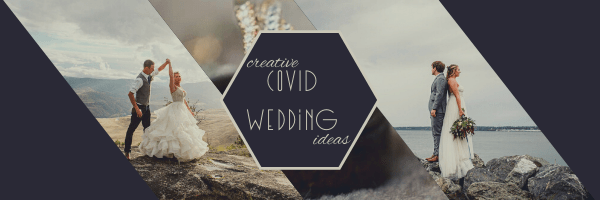 Snohomish & Seattle Wedding Photographer | GSquared Weddings Photography Banner with diagonal photo stripes of a bride and groom outdoors, featuring the text Creative Small Wedding Ideas in the center on a dark hexagon. 47.9129° N, 122.0982° W | wedding photo by GSquared Weddings