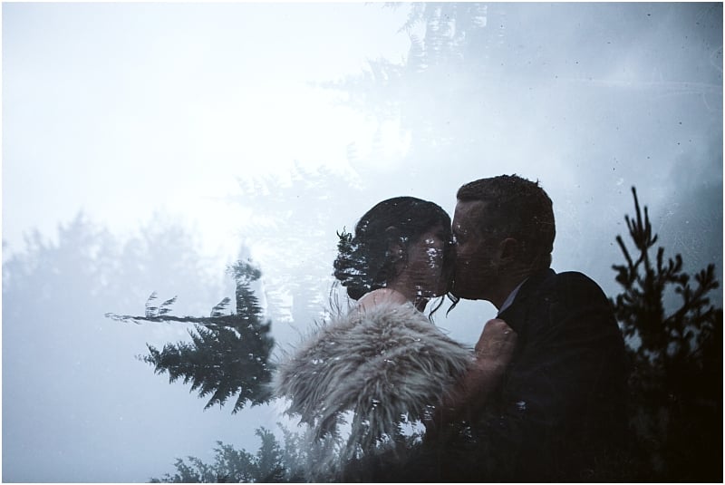 gold creek pond north cascades pnw elopement double exposure bride and groom evergreen trees