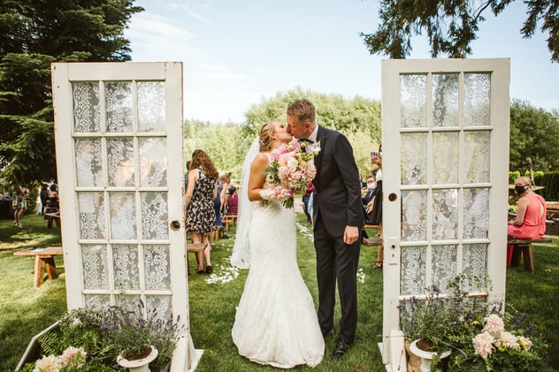 Wedding Ceremony at the Barn at Holly Farm on the Patio in the Yard