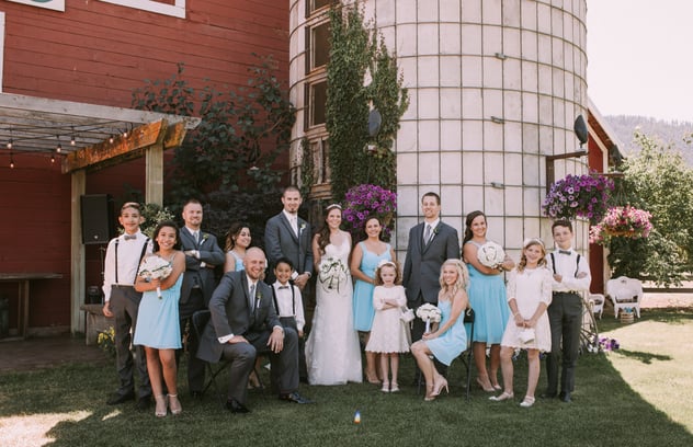 Ritter Farm Wedding party near the red barn and grain silo