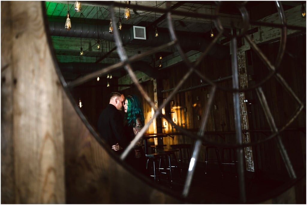 Within Sodo Wedding Til Death do us part gothic themed wedding bride in black dress with teal hair rock-n-roll bride, offrenda, dios de los muertes