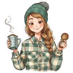 Snohomish & Seattle Wedding Photographer | GSquared Weddings Photography A smiling woman with long braided hair wears a green knit beanie and plaid shirt, holding a steaming mug in one hand and a V2 compass in the other. 47.9129° N, 122.0982° W | Candid wedding photo by GSquared Weddings