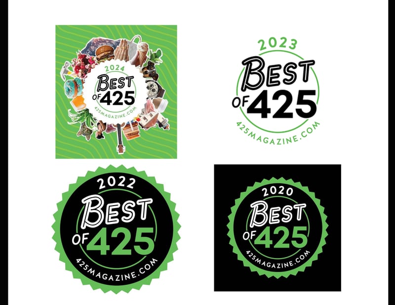 Snohomish Wedding Photographer GSquared Weddings Four Best of 425 award logos from 2020&ndash;2024, each featuring bold text, circular designs, and the website 425magazine.com. The 2024 logo includes photos of food, drinks, and flowers on a green background. Serving Seattle, Snohomish and Orlando