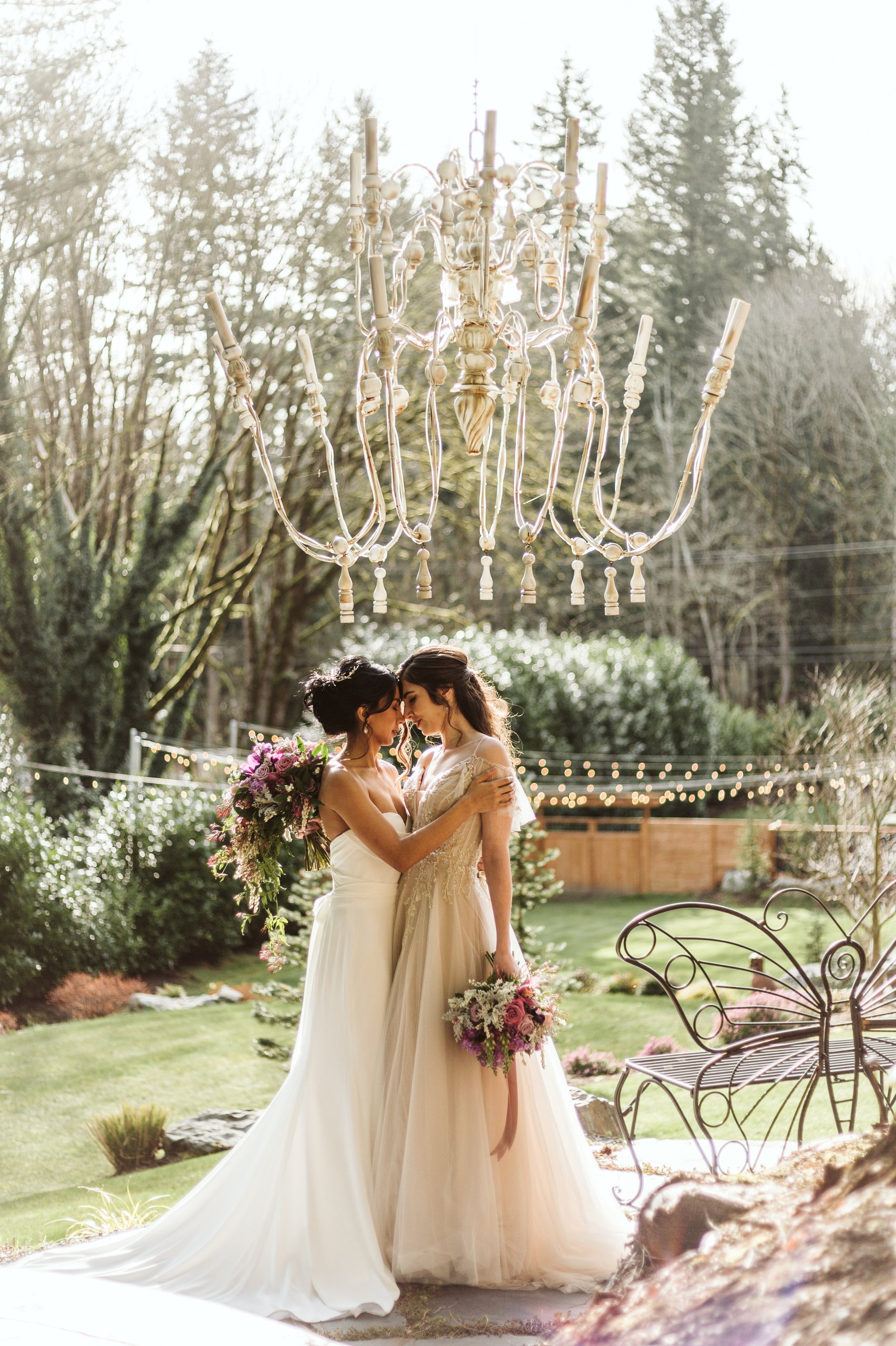 PartiesontheTerraceRedmondSeattleWeddingLGBTQIA Parties on the Terrace Redmond Seattle Wedding Same sex lesbian lgbtqia elopement wedding couple in wedding gowns by Seattle and Snohomish Wedding Photographer GSquared Weddings Photography