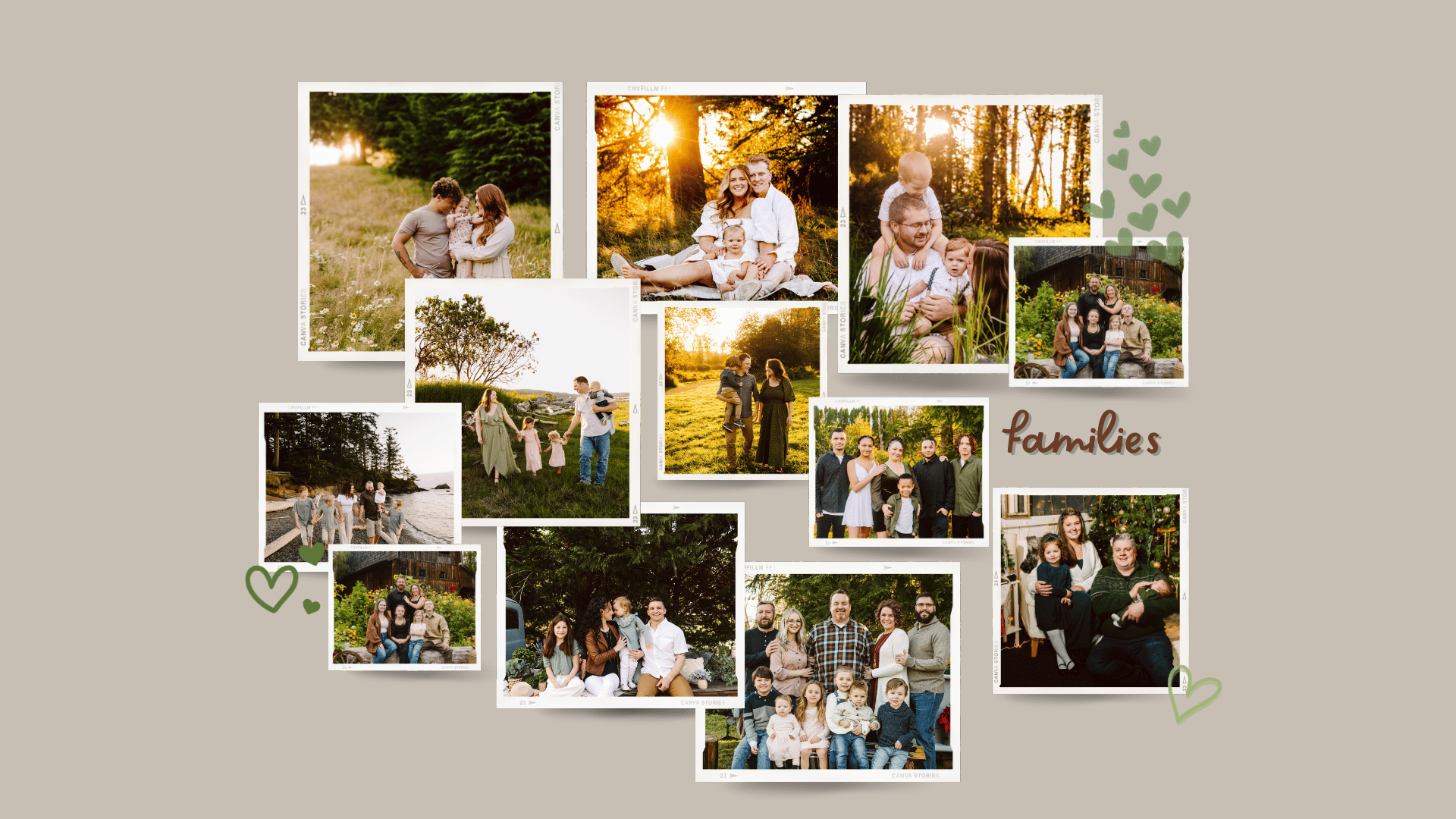 Premier Snohomish & Seattle Wedding Photographer | GSquared Weddings Photography A collage of family photos taken outdoors in natural light, showing various families posing together and smiling, surrounded by greenery. The word families and green heart doodles decorate the collage. 47.9129&deg; N, 122.0982&deg; W | Candid wedding photo by GSquared Weddings