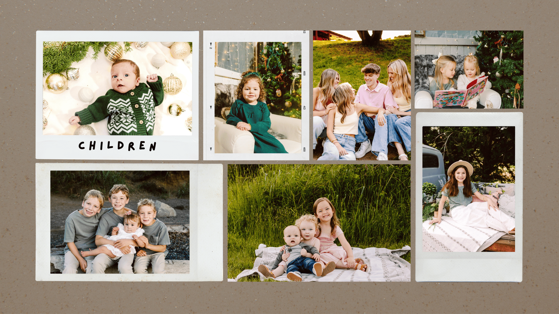 Premier Snohomish & Seattle Wedding Photographer | GSquared Weddings Photography A collage of seven photos shows children in various settings: infants and older kids sitting together, reading, playing outdoors, and posing for pictures, with Christmas trees and grassy fields in the background. 47.9129&deg; N, 122.0982&deg; W | Candid wedding photo by GSquared Weddings