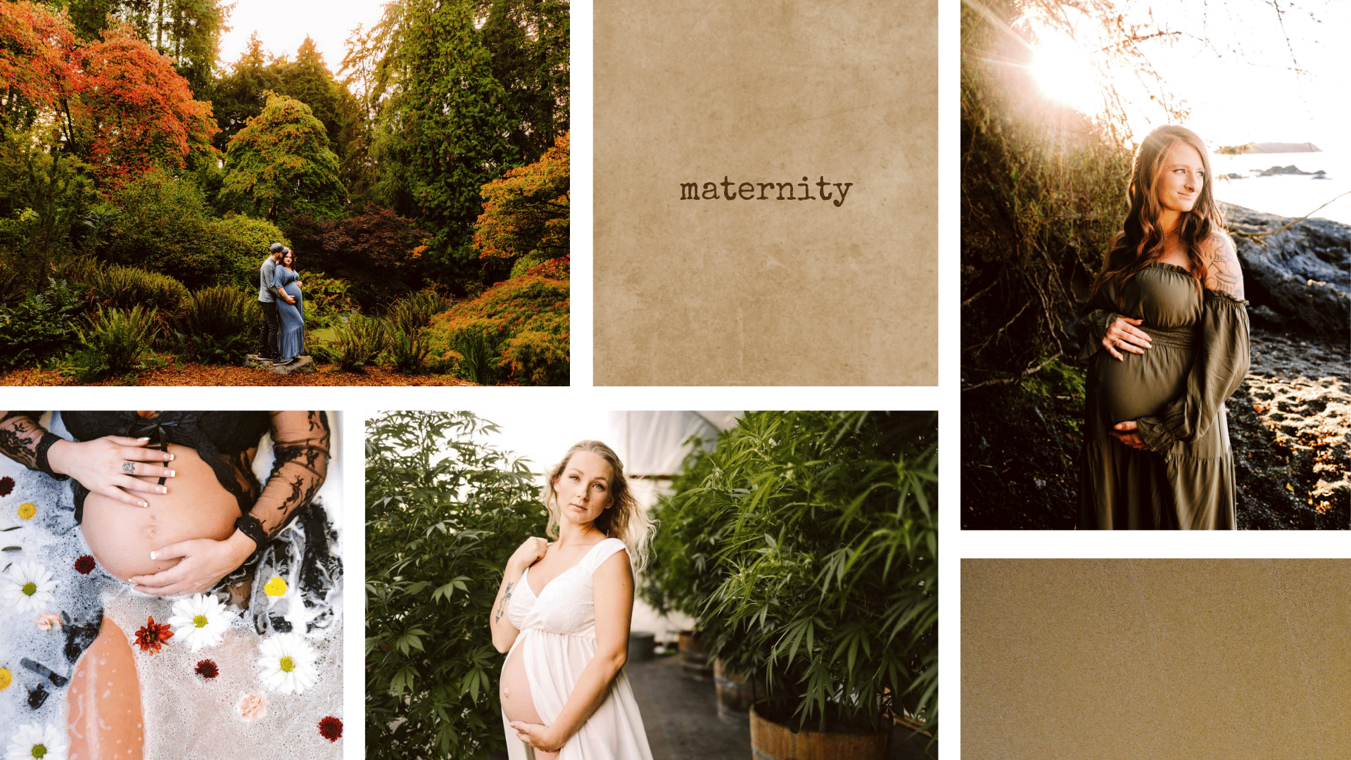 Premier Snohomish & Seattle Wedding Photographer | GSquared Weddings Photography A collage featuring pregnant women in nature and serene settings, a close-up of a belly in a floral bath, the word &ldquo;maternity&rdquo; on a textured background, and areas of plain brown textures. 47.9129&deg; N, 122.0982&deg; W | Candid wedding photo by GSquared Weddings