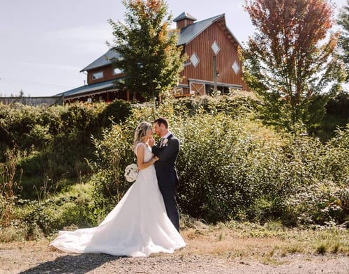 A bride and groom stand facing each other outdoors surrounded by greenery with a rustic barn in the background The bride holds a bouquet and wears a long white dress sunlight highlights the romantic scene Snohomish Wedding Photography A bride and groom stand facing each other outdoors surrounded by greenery with a rustic barn in the background The bride holds a bouquet and wears a long white dress sunlight highlights the romantic scene Snohomish Wedding Photography