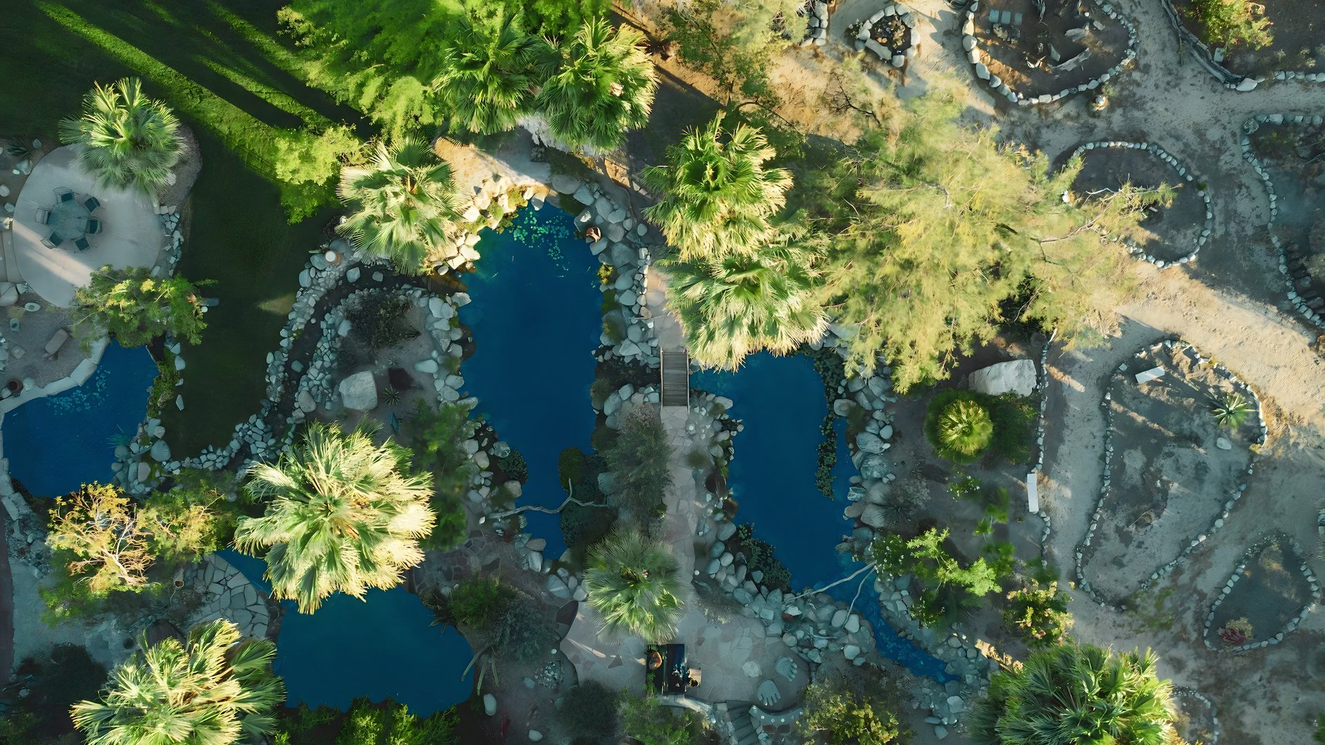 Aerial view of Bubbling Wells Oasis 107-acre private estate for corporate retreats in Desert Hot Springs