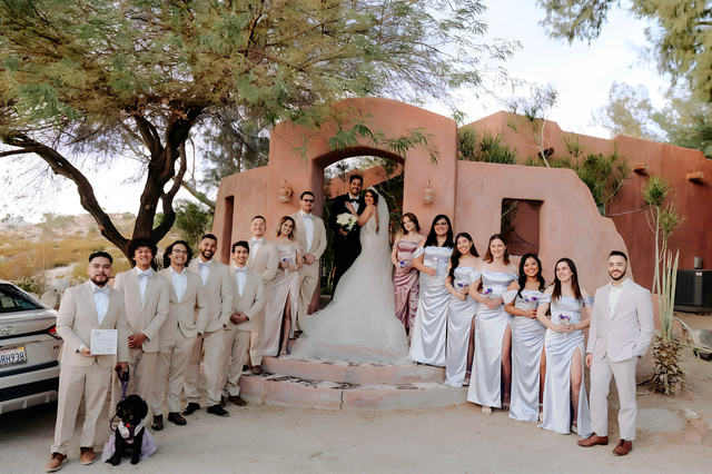 Wedding party group portrait at Bubbling Wells Oasis Desert Hot Springs venue