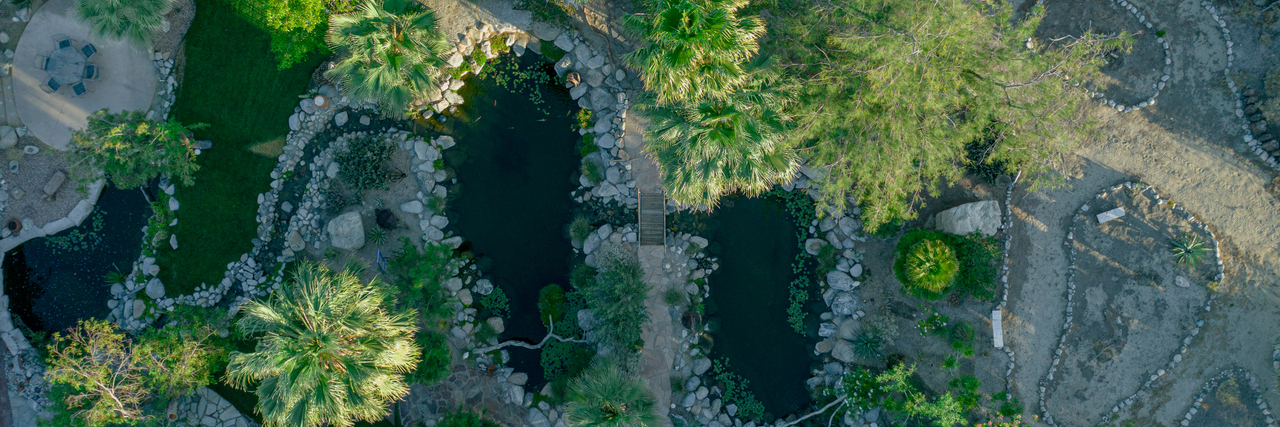 Aerial overview of Bubbling Wells Oasis private corporate retreat estate