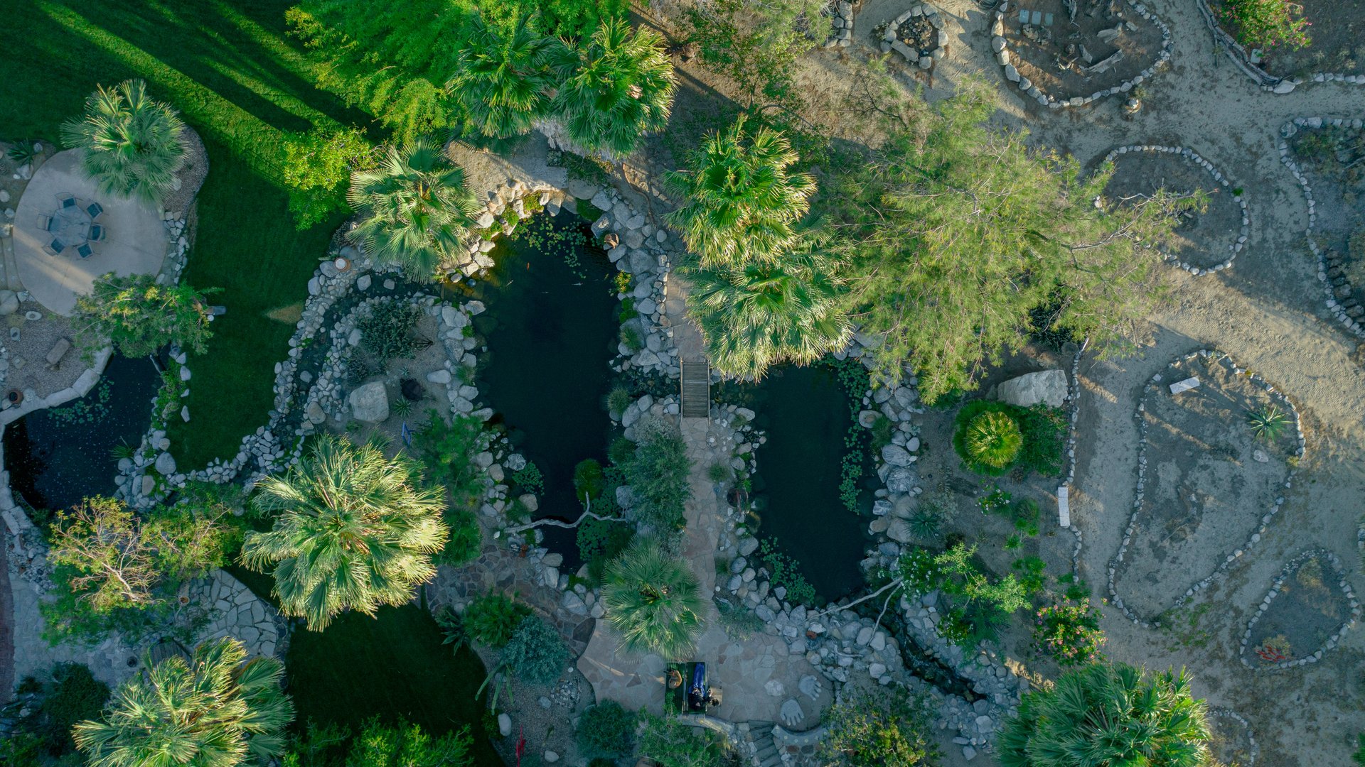 Aerial view of Bubbling Wells Oasis 107-acre private estate in Desert Hot Springs California