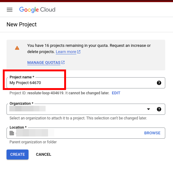 Creating a new project in Google Cloud Platform
