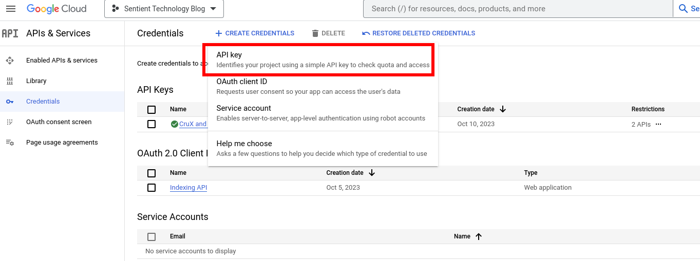 Create a new API Key for the project