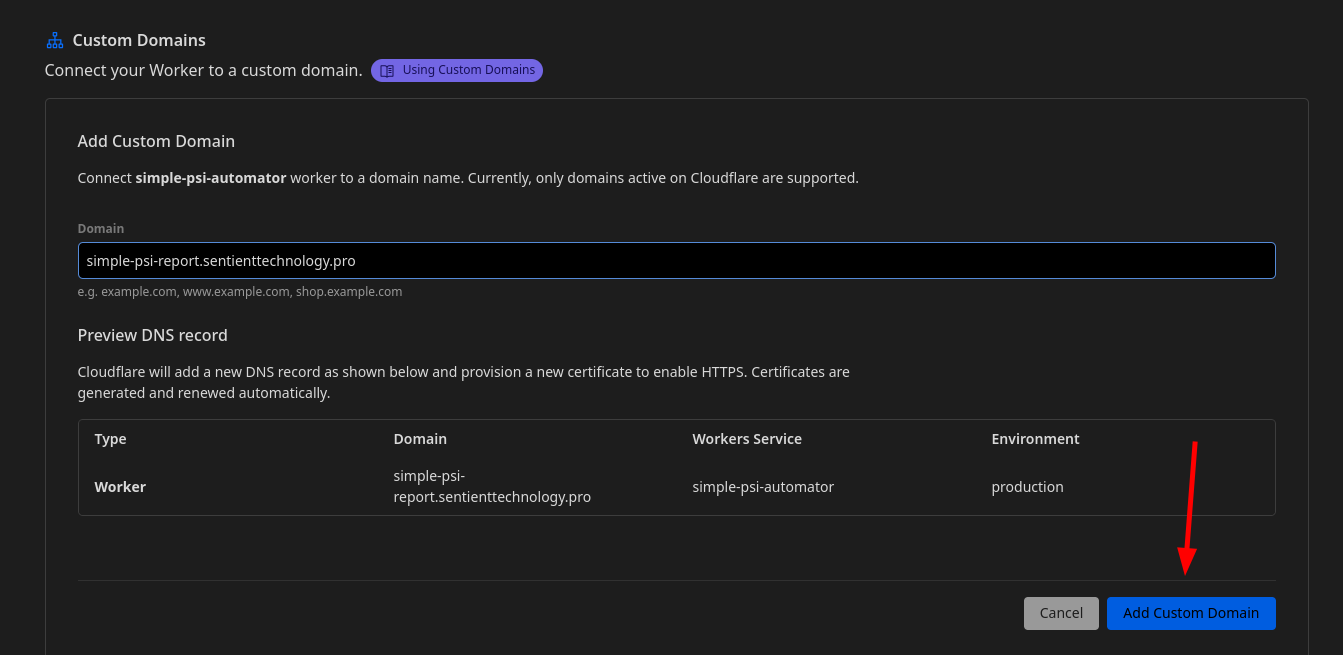 Add new custom domain to the worker