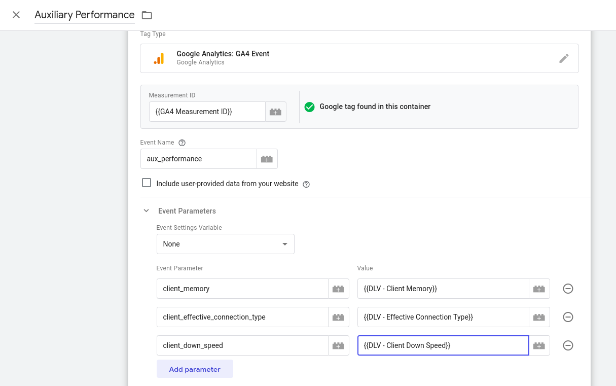 Auxiliary Performance Data tag setup