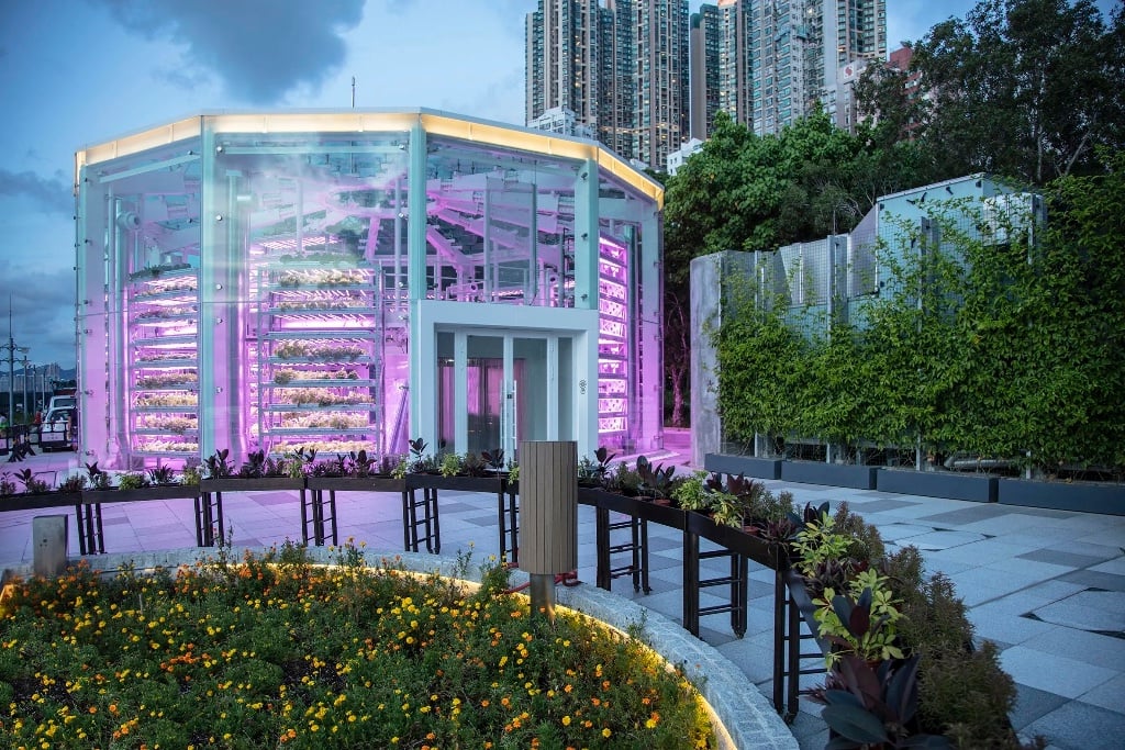 K-Farm growing pavilion at dusk