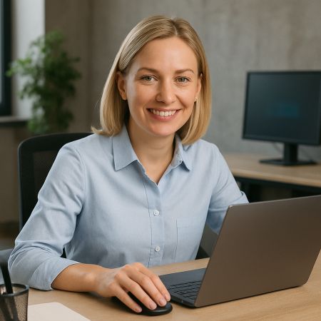 Ilustracja: uśmiechnięta rekrutera przy laptopie