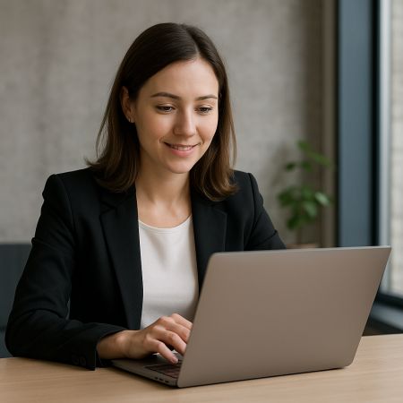 Illustration: smiling candidate reading QwertySmart feedback on her laptop
